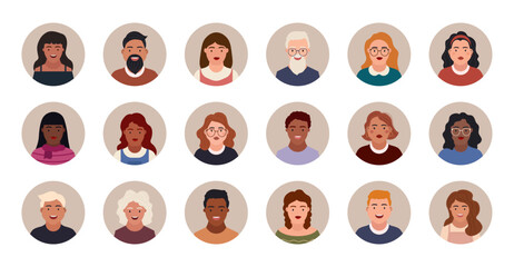 Set of portraits, avatars of various people. Diversity of character, faces of people. Vector illustration