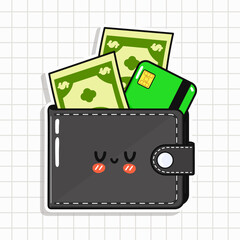 Cute funny Wallet with money and credit card sticker. Vector hand drawn cartoon kawaii character illustration icon. Isolated on blue background. Wallet with money and credit card character concept