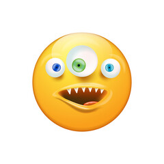 Smiling Face with monster mouth and eyes isolated on white background. Yellow monster smiley face character with white vampire teeth. Halloween day concept illustration, sticker, print and icon