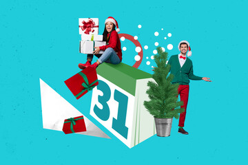 Creative collage image of two excited mini people buy christmas giftbox pine tree december 31 calendar date isolated on blue background