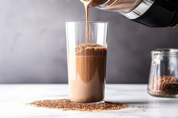 pouring flaxseed smoothie from a blender into a tall glass - obrazy, fototapety, plakaty