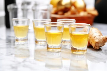 several ginger shots lined on a marble counter