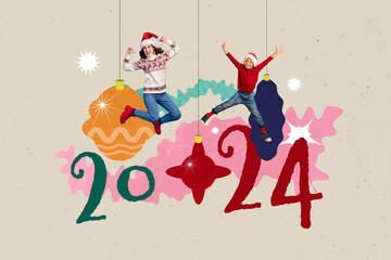Artwork collage of two crazy excited mini people jumping raise hands hanging 2024 new year toys isolated on beige background