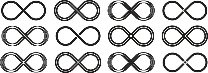 Abstract infinity icons, infinity symbol, infinity space, infinity arrow, infinity loop, infinity circle, endless line isolated on white background. Trendy black infinity symbol vector illustration.