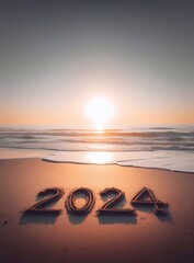 Fototapeta na wymiar Happy New Year 2024, picture of 2024 numbers on the beach in the morning light generative ai art