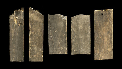 a collection of five old vintage sawn wooden planks on a black background with an retro aged texture