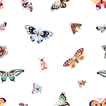 Seamless nature pattern, tropical butterflies. Endless background, repeating print with winged flying insects. Exotic texture design for fabric, textile, wallpaper. Printable flat vector illustration