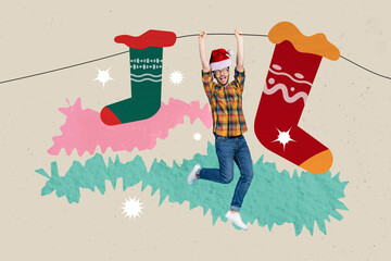 Artwork collage image of excited mini guy hands hold hang string big christmas socks decor isolated on creative background