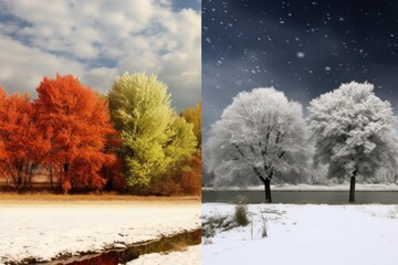 Abstract collage with mixed different sides of tree with changing seasons, Summer vs Winter