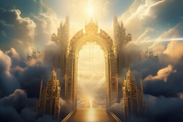Golden gates opening to a radiant heavenly realm. - obrazy, fototapety, plakaty
