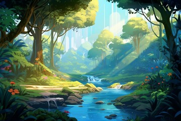Illustration of a magical forest with a lush jungle, oasis, and serene natural landscape. Generative AI
