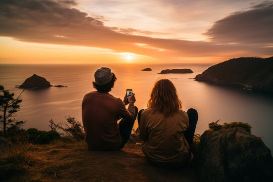 couple sitting at the cliff, admiring the scenic sunset over the ocean and the mountains and taking photo of themselves by smartphone, aesthetic look