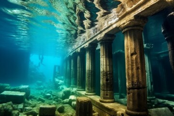 Fototapeta na wymiar Legendary Atlantis. The sunken continent of an ancient highly developed civilization. Underwater historical discoveries
