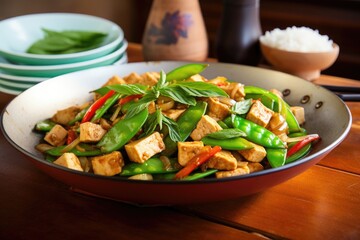tofu stir-fry with snow peas on a wooden table