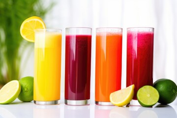 Fototapeta premium brightly colored beet, carrot, and cucumber juice in tall glasses