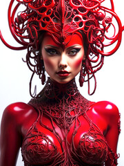 High contrast portrait in red with an intriguing mix of futuristic and fantasy elements