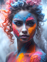 Artful portrait of a beautiful woman with details made of colorful chalk