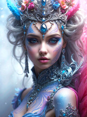 Artful and soft portrait of a fantasy queen with intricate details