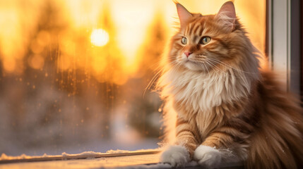 Naklejka na ściany i meble A fluffy cat enjoying the warmth of a winter sunrise from a snowy windowsill