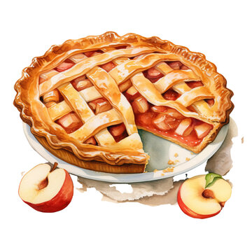 recommend clip art: Homemade Slice of apple pie. Hand drawn Watercolor Illustration isolated on a white or transparent background, PNG