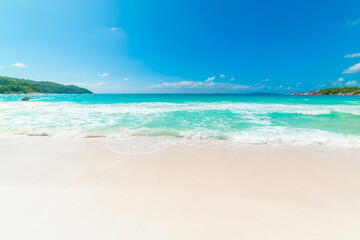 White sand and turquoise water in Anse Lazio beach