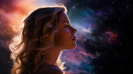 A profile of a woman with a galaxy overlay