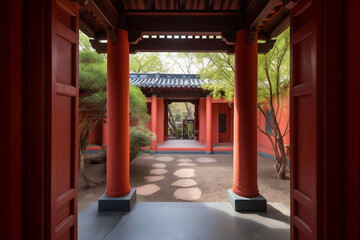 Doorway with wooden red columns and view to the zen garden generative ai