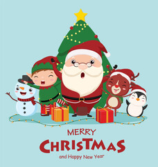 Merry Christmas and happy new year banner with cute Santa Claus, elf, snowman and deer cartoon
