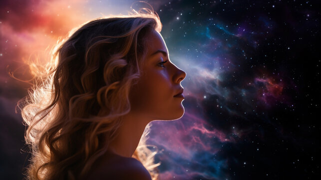 A profile of a woman with a galaxy overlay