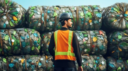 Rear view of male warehouse worker standing in front of shelves full of plastic waste. Recycling.  Waste Processing. Industry Plant for processing plastic. Recycling Concept. Copy Space.