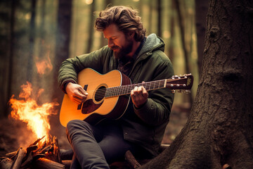 A musician playing a guitar by a campfire in the woods - obrazy, fototapety, plakaty
