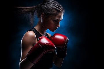 Photo of woman in boxing gloves over dark background