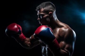 Photo of male in boxing gloves over black background