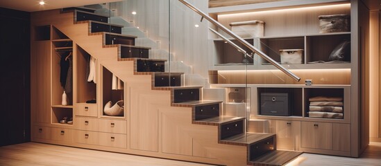 Contemporary luxury interior in multi storey house with sleek wooden staircase and under stair slide out cabinets making efficient use of space for storage