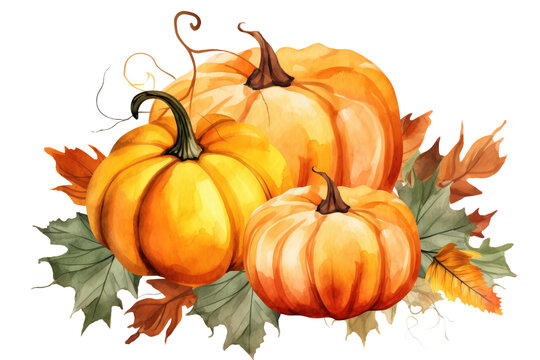 Autumn pumpkin Watercolor illustration isolated on a white or transparent background, PNG