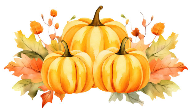 Autumn pumpkin Watercolor illustration isolated on a white or transparent background, PNG