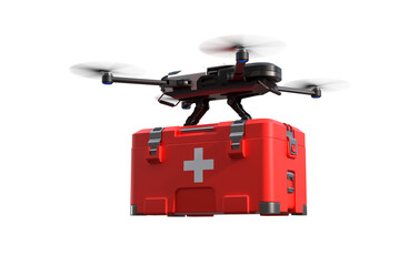 Drone with first aid kit on transparent background, PNG file