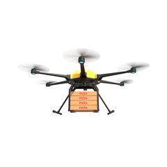 Delivery drone with pizza box on transparent background, PNG file