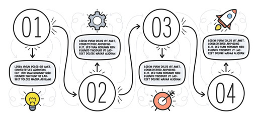 Doodle infographic circles with 4 options. Hand drawn icons. Vector illustration.
