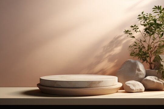 Simple rock platform podium product for presentation skincare product background. Generative AI.