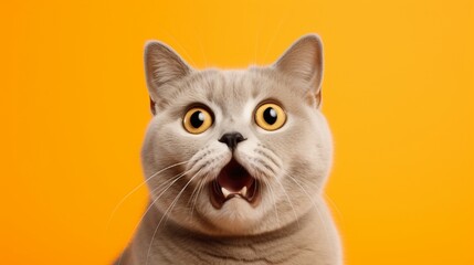 Against a vibrant orange backdrop, a British Shorthair cat looks into the camera with widened eyes and slightly open mouth