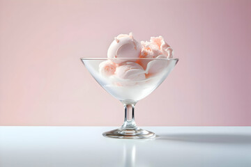 Pink ice cream in a glass bowl on the table minimalism style. High quality