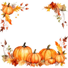 Pumpkins and Autumn Leaves Frame with Copy Space for Text, Watercolor Illustration Isolated on a White or Transparent Background, PNG