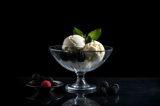 Ice cream in a glass bowl on the table minimalism on a dark background. High quality