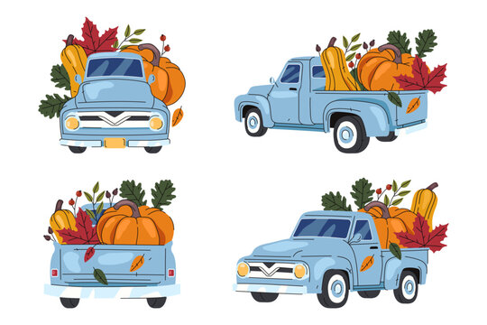 Set of isolated truck with autumn harvest. Vector image of car with fall vegetables. Lorry in isometric, front and rear view with fall food for agriculture festival. Vehicle or delivery farm pickup
