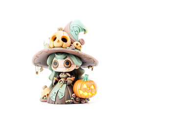 Naklejka premium A cute Wizard girl with skull face makeup in colorful traditional dress with scary halloween pumpkins on isolated white background