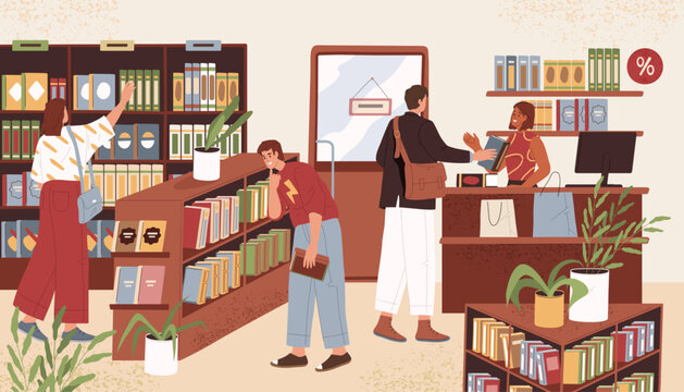 Vector image of bookstore indoor view. Book shop with buyers sign. Store with bookcase and bookshelf. Bookshop with reader and checkout. Architecture and literature, education and retail, study