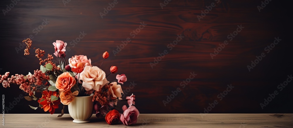 Canvas Prints Plastic blossoms adorning caf s wooden surface