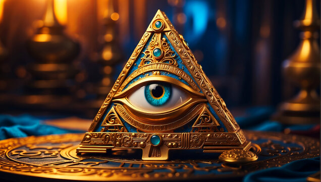 A small golden pyramid with the all-seeing eye of the Illuminati and Freemasons - Powered by Adobe