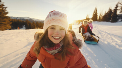 Group of children having fun together in the snow while sledding outdoors during winter time -...